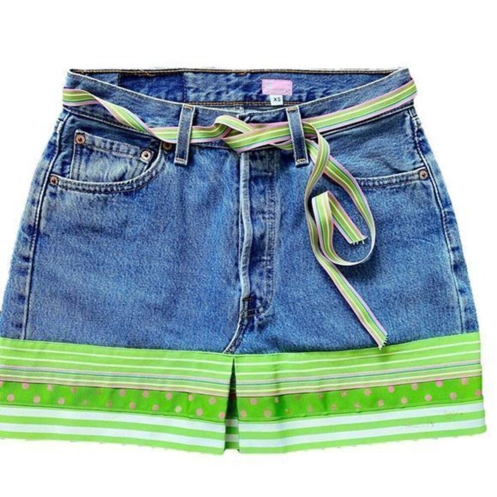 Molly B Denim Design Jean Skirt - XS denim /green taffeta ribbon detail …